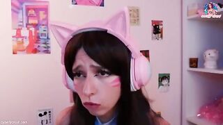 Gamer girl cosplaying as Dva from Overwatch, riding a dildo and performing oral while playing