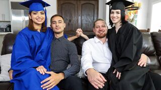 Dads teach their step-daughters Hazel Heart and Remi Jones to fuck for graduation
