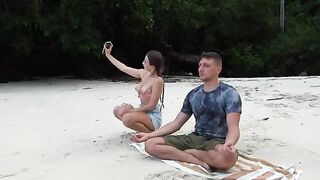 Beach meditation with a girl, who sucks a huge cock of a stranger in POV