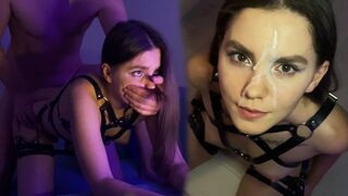 A cute brunette woman got a dick in the harness and jumped on it