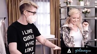 Scissoring passion with stunning Asian Ember Snow and a hot blonde in an intense girl-on-girl scene