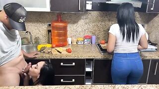 Beautiful 18-year-old step-daughters cook and have sex with their step-dads in the kitchen