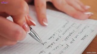 A girl squirts while teaching Spanish and playing with her pussy