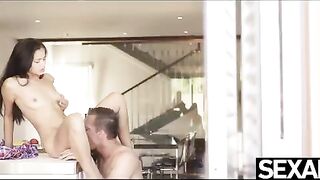 The couple fucked on the kitchen table, the brunette bent over and taken doggy style