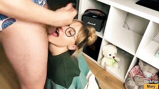 Girl sucks cock and swallows cum, showcasing her oral skills in a steamy scene