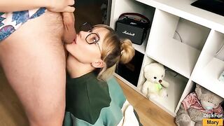 Girl sucks cock and swallows cum, showcasing her oral skills in a steamy scene