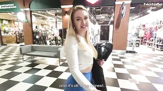 Hot blonde with big ass fucks for money in the shopping mall toilet