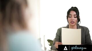 Busty lawyer Vanessa Sky spanks her client Kayley Gunner in a steamy session