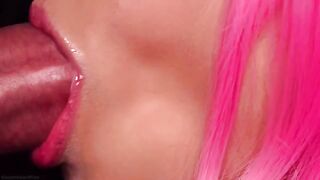 Pink-haired babe gives the best milky blowjob with ASMR in 4K