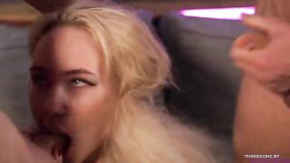 Blonde girl Bella Mur skillfully handles two guys’ large sizes in a steamy scene