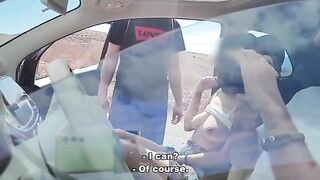 Guy makes cumslut fuck with stranger and cum on her pussy in public