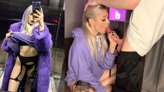 A girl met a guy in the elevator and got cum on her small boobs