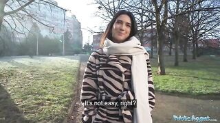 A beautiful European girl, Lena Coxx, is selling her body for money in a daring public encounter