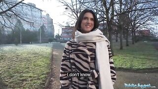 A beautiful European girl, Lena Coxx, is selling her body for money in a daring public encounter