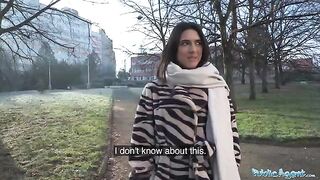 A beautiful European girl, Lena Coxx, is selling her body for money in a daring public encounter