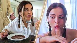 A naughty stepdaughter, Maryana Rose, got a juicy dick in her mouth and didn't obey her stepfather