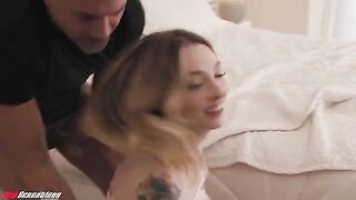 The girl is sitting on a daddy’s cookie trail with her ass