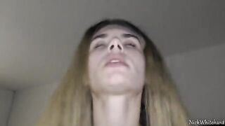 Young girl with pink lips shakes ass on big balls