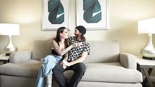 A sexy brunette gives her boyfriend a double blowjob for the first time