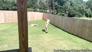 A blonde gets naked in the backyard and has sex on the porch