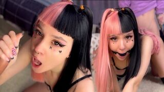 Emo babe with pink hair gets gag ball gagged and fucked