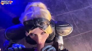 A hot girl in a Nova costume from Starcraft gets her cock sucked and swallows the cum