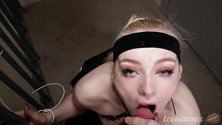 A blue-eyed girl deeply swallowed a cock at the entrance, showcasing her daring side