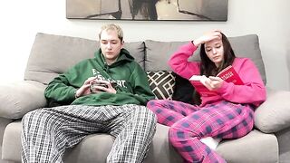 Pervert stepbrother masturbating next to his step sister, who decides to help him out