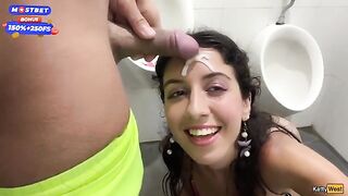 Public blowjob and cum walk by the waterfall