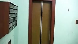 A blonde teen makes a blowjob on the balcony to her bro