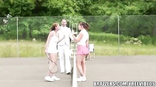 Friends fucked a rich uncle on the tennis court with clothes on