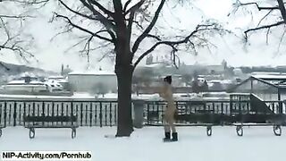 Student is showing her tits and ass on the city streets