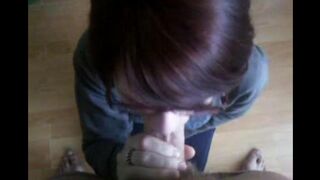 She sank to the floor and started sucking his sinewy dick