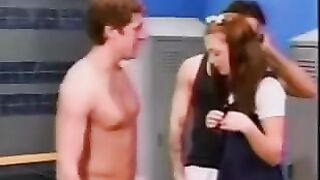 A cute school girl went into the male locker room and got fucked