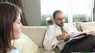 A seductive stepdaughter gets her pussy pounded by her stepfather on the couch