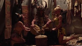 Red-skinned babes fucked with heroes from fairytales in an intense threesome