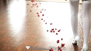 A young brunette woman is having sex straight on the bed
