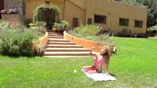 Blonde beauty with big tits gets fucked on the grassy lawn