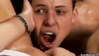 Bukakke in the mouth, not on the face like a slut