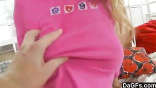 Sweet blonde girl masturbates in different poses on the bed