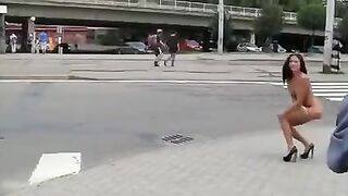 A stunning brunette with an elegant physique exposes herself in public