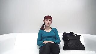 Redhead with medium-sized boobs agreed to do a blowjob at the casting
