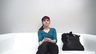 Redhead with medium-sized boobs agreed to do a blowjob at the casting