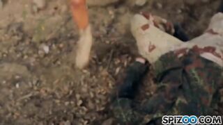 Man fucked in twosome by sexy blondies in an abandoned building