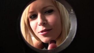 A blonde woman sucked a dick through the toilet bowl, and she loved it