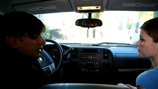 The cute girl is making blowjob for her new friend in the car