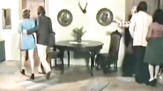 Retro sex with a hot brunette and her friends on the bed