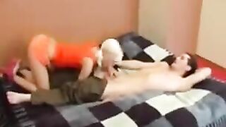 A blonde skinny teen gets fucked by her stepbrother on the bed