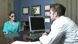 Two perverted nurses with fake tits jerk off with a patient’s cock