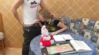 Instead of studying, the schoolgirl has sex lessons with a hot guy
